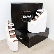 Belted White Peep Toe Wedged Platform Shoes - Tajna Shoes