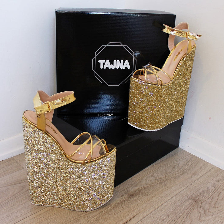 30 cm Gold Shiny Platforms High Heeles Wedge - Tajna Shoes