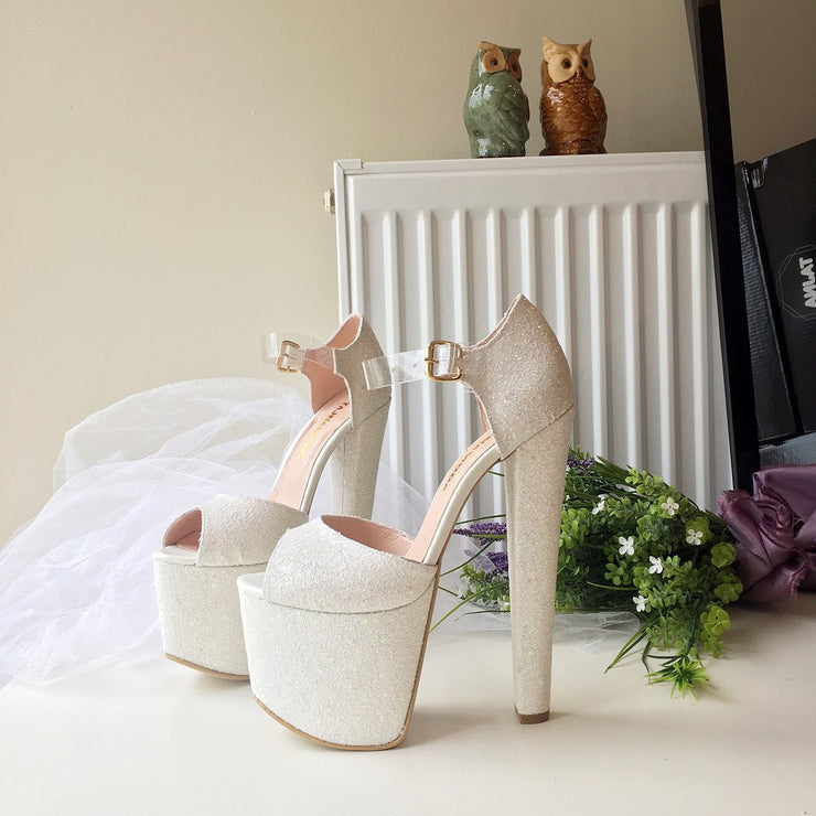 White Bridal Shimmer Glitter High Heel Platform Shoes - Tajna Club
