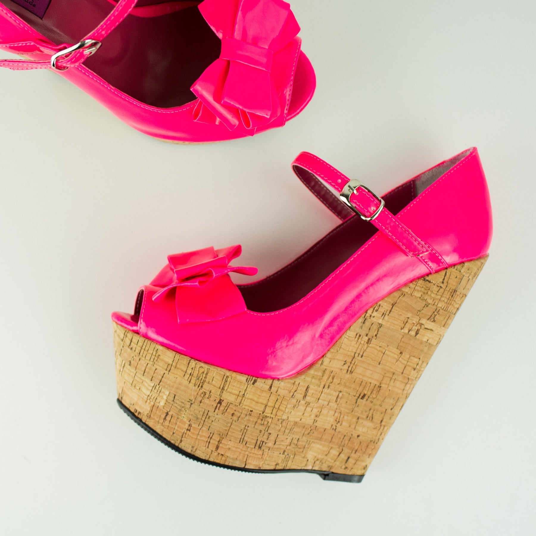 Peep Toe Pink Ribbon Detail Cork Wedges | Tajna Shoes