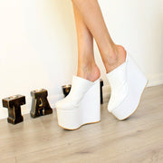 Sabo White 16 cm High Heel Platform Wedge Mules - Tajna Club