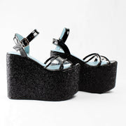 Black Shinny Wedge Platform Sandals - Tajna Club