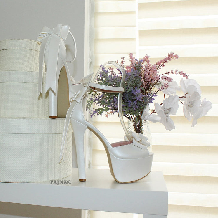 Ivory White Ribbon Tail Platform Bridal Shoes - Tajna Club