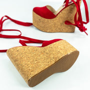 Red Suede Cork Wedge Lace Up Sandals - Tajna Club