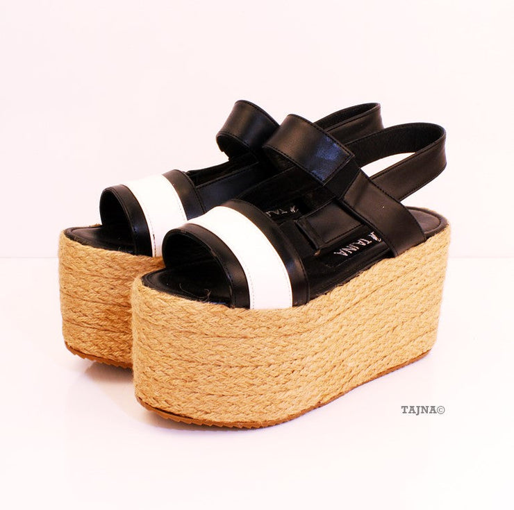 White Black Espadril Wedge Platform Sandals - Tajna Club