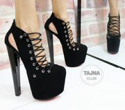 Black Lace Up Designer High Heel Platforms - Tajna Club