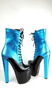 Metallic Blue Chunky Heel Platform Boots