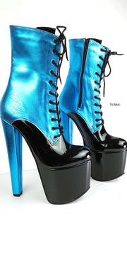 Metallic Blue Chunky Heel Platform Boots