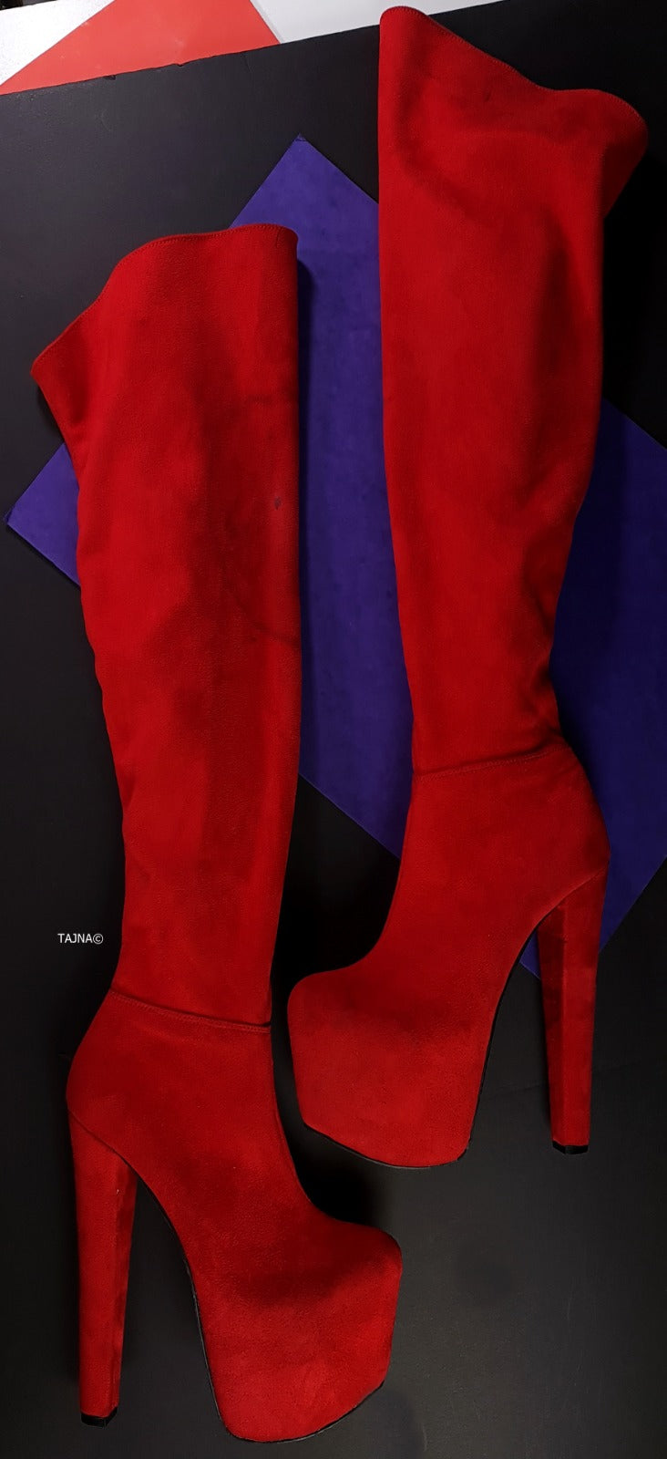 Red Suede Chunky Heel Over the Knee High Boots