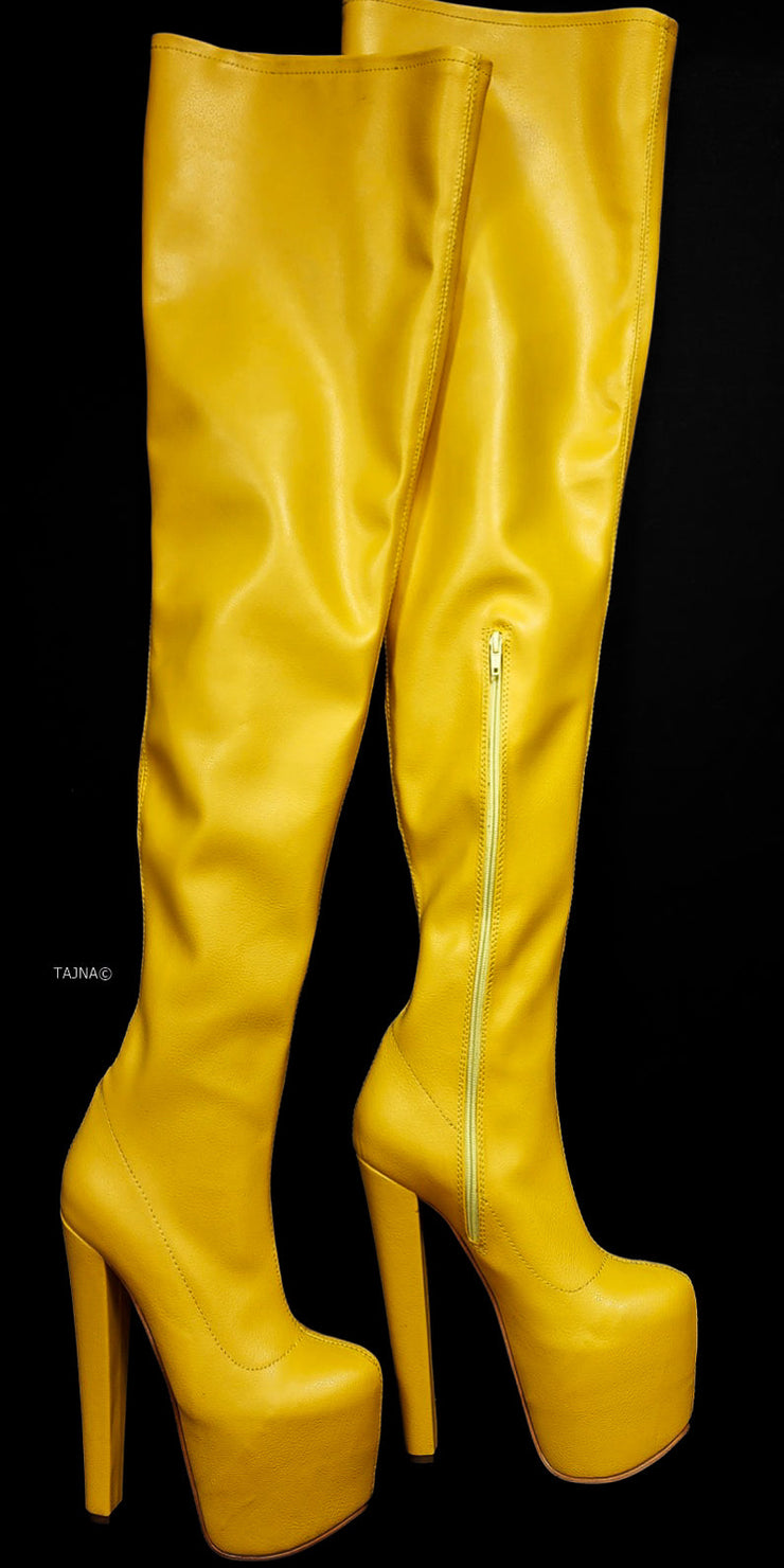 Extra Long Yellow Matte Strech Thigh High Boots