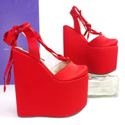 Red Satin Wedge Ballerina Lace Up Sandals