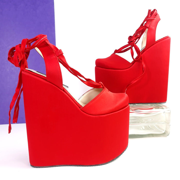 Red Satin Wedge Ballerina Lace Up Sandals