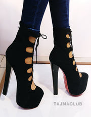 Black Suede Caged Lace up Platform Red High Heels - Tajna Club