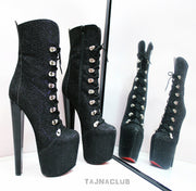 Black Glitter Lace Up High Heel Platform Boots - Tajna Club