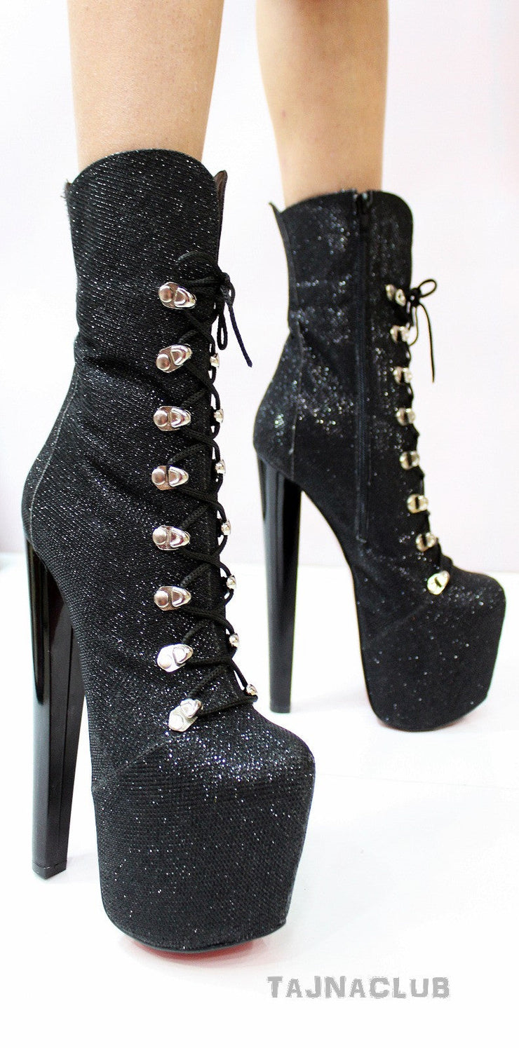 Black Glitter Lace Up High Heel Platform Boots - Tajna Club