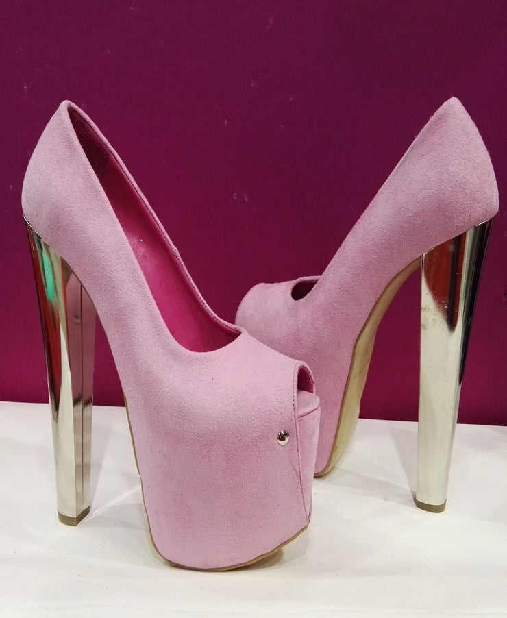 Sweet Pink Suede Peep Toe Plaform Metallic 20 cm Heels - Tajna Club