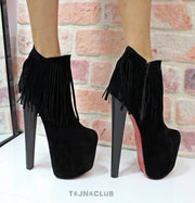 Black Suede Fringe Ankle Boots Platform High Heel Shoes - Tajna Club