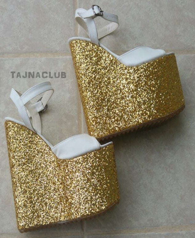 Sandals Wedge Heel Ankle Strap Gold Glitter Platform High Heels Shoes - Tajna Club