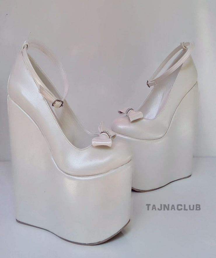 Wedding Sandals Ankle Strap Bow Wedge Heel White Platform High Heels Shoes - Tajna Club