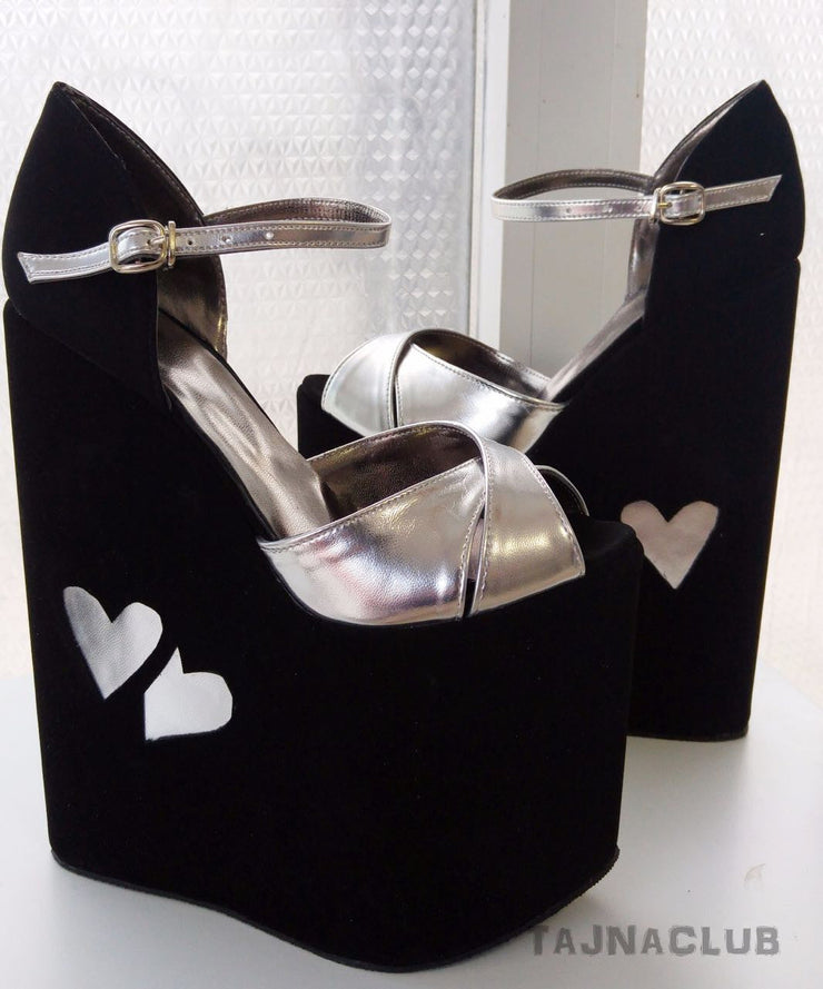 Black and Silver Ankle Strap Wedge Sandals - Tajna Club