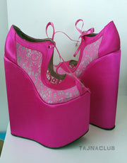 Peeptoe Lace up Wedge Heel Pink Platform High Heels Shoes - Tajna Club