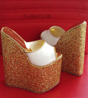 Mules Gold Glitter Wedge Heel Platform High Heels Shoes - Tajna Club