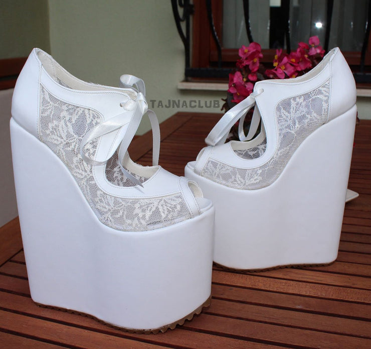 Wedding Shoes Laceup White Wedge Heel Platform High Heels Shoes - Tajna Club