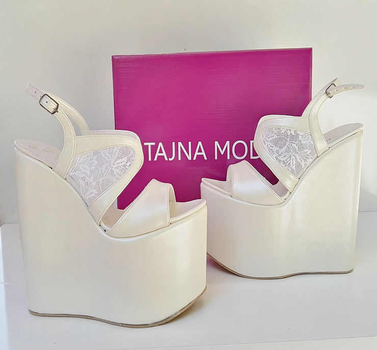 Wedding Sandals Lace Wedge Heel White Platform High Heels Shoes - Tajna Club