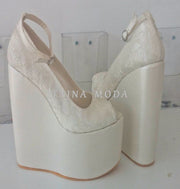 Wedding Ankle Strap Peeptoe Lace Wedge Heel White Platform High Heels Shoes - Tajna Club