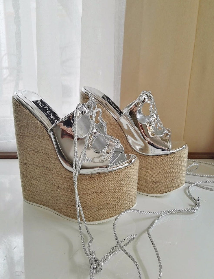 Lace up Silver Sandals Wicker Wedge Heel White Platform High Heels Shoes - Tajna Club