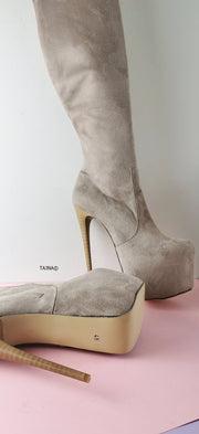 Cream Beige Suede Lace Up Platform Boots High Heel Shoes - Tajna Club