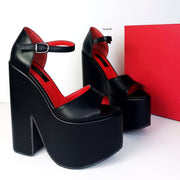 Black Red Ankel Strap Peep Toe Wedges - Tajna Club