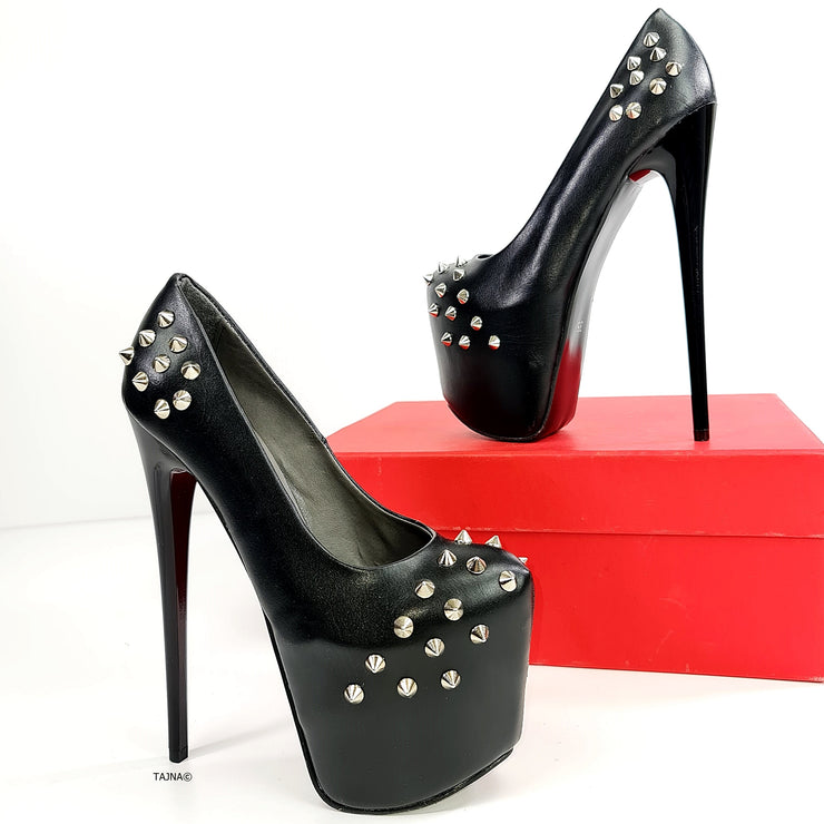 Black Matte Spike Studded High Heels - Tajna Club