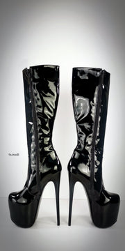 Black Gloss Mid Calf High Heel Boots - Tajna Club