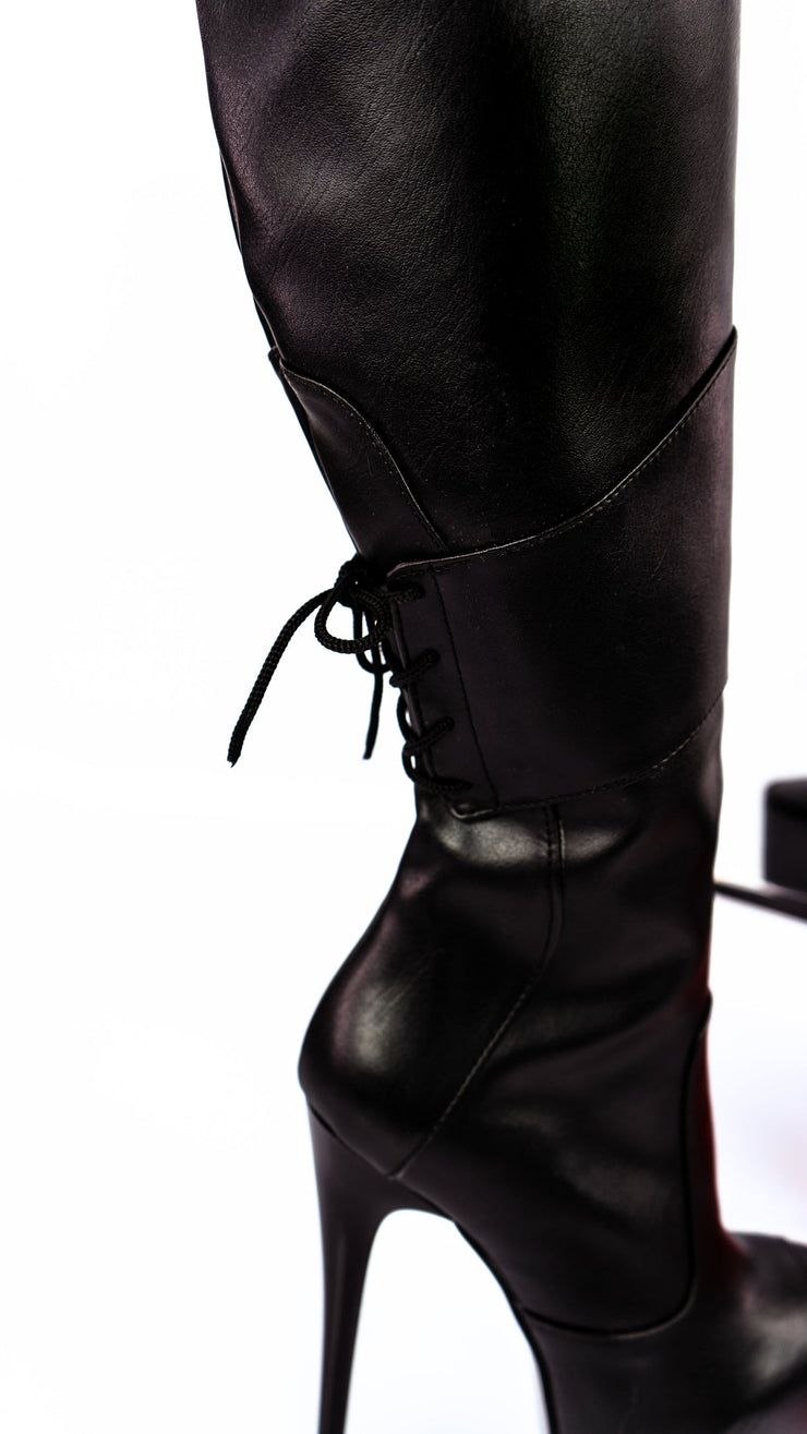 Black Matte Side Lace Over Knee Boots - Tajna Club