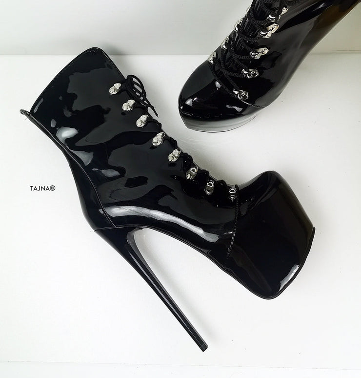 Black Patent Military Style Lace Up Boots - Tajna Club