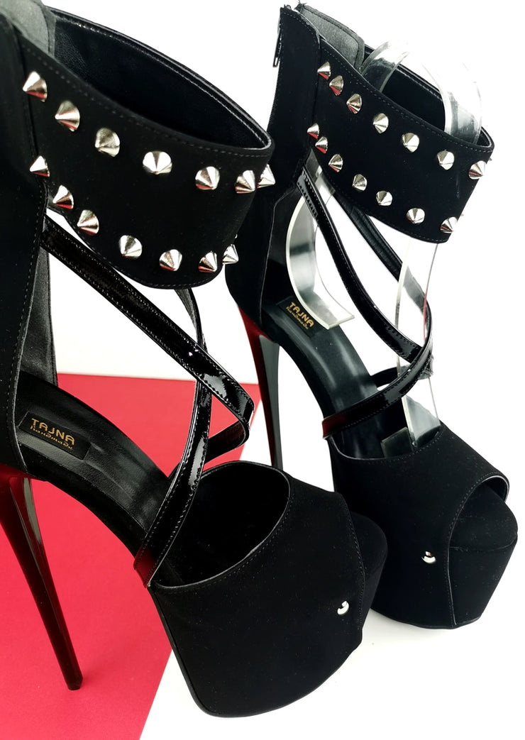 Black Suede Spike Strap High Heels - Tajna Club