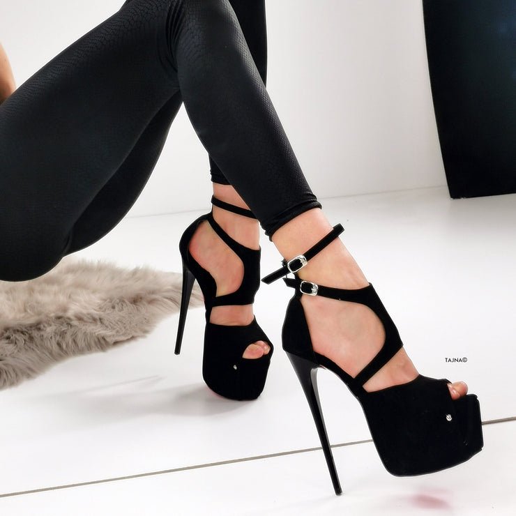 Black Suede Double Belted Ankle Heels - Tajna Club