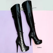Black White Knee High Corset Boots - Tajna Club