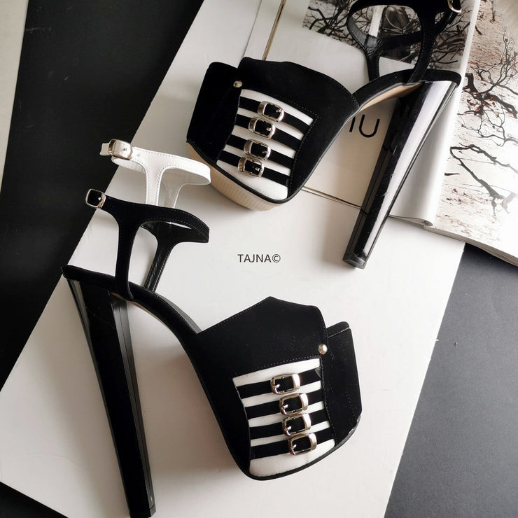 Black White Double Ankle Strap Platform Sandals - Tajna Club