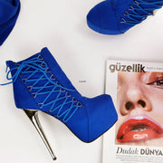 Cobalt Blue Suede Boncage Side Corset Boots - Tajna Club