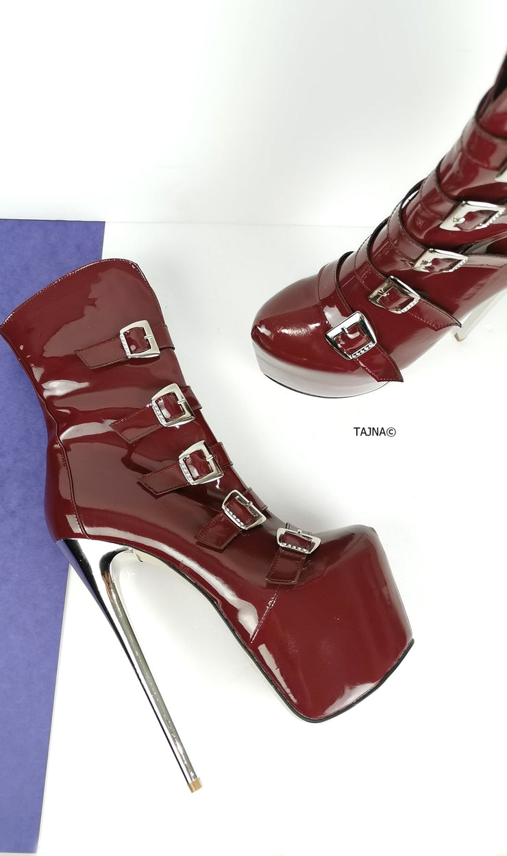 Burgundy Patent Multi Belted Platform Boots - Tajna Club