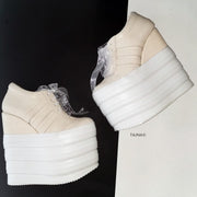 Cream Sport Lace Up High Heel Wedges - Tajna Club
