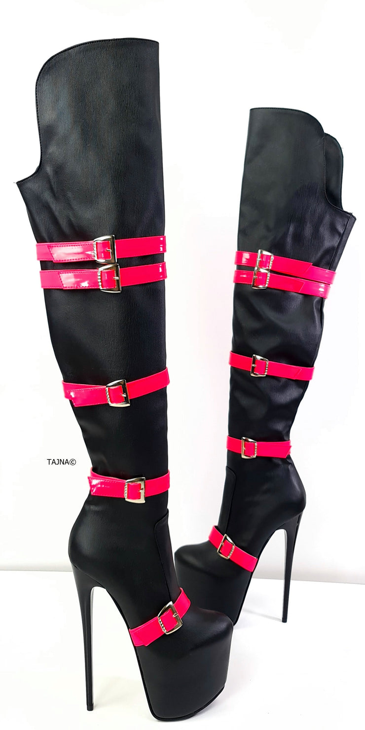 Black Neon Pink Belted High Heel Thigh Boots
