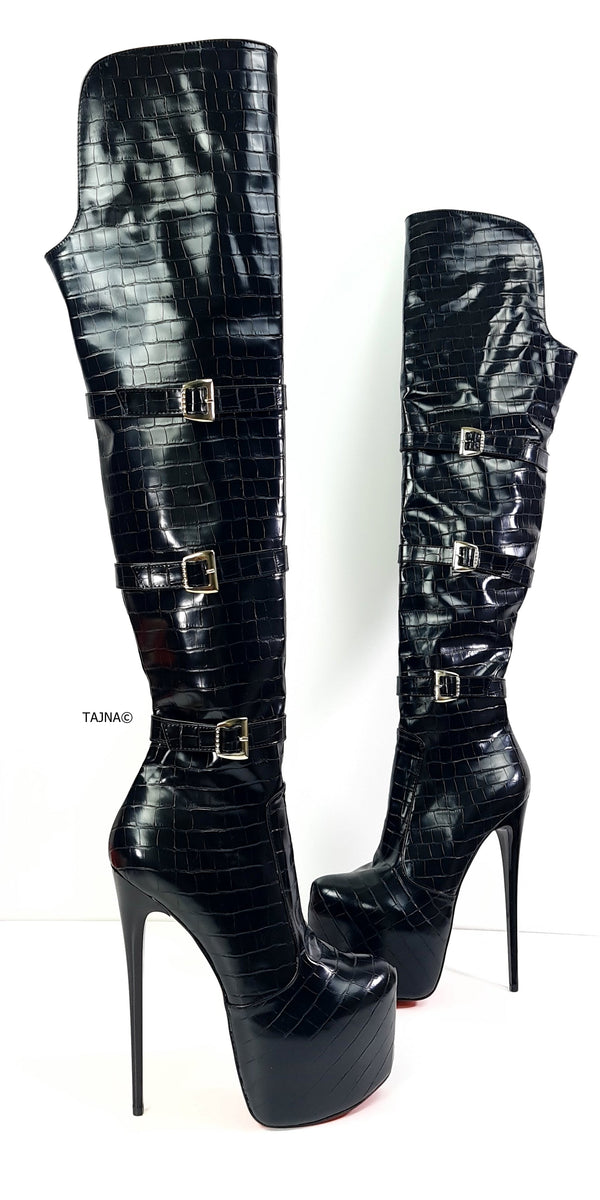 Black Croco Belted Over Knee High Heel Boots | Tajna Shoes