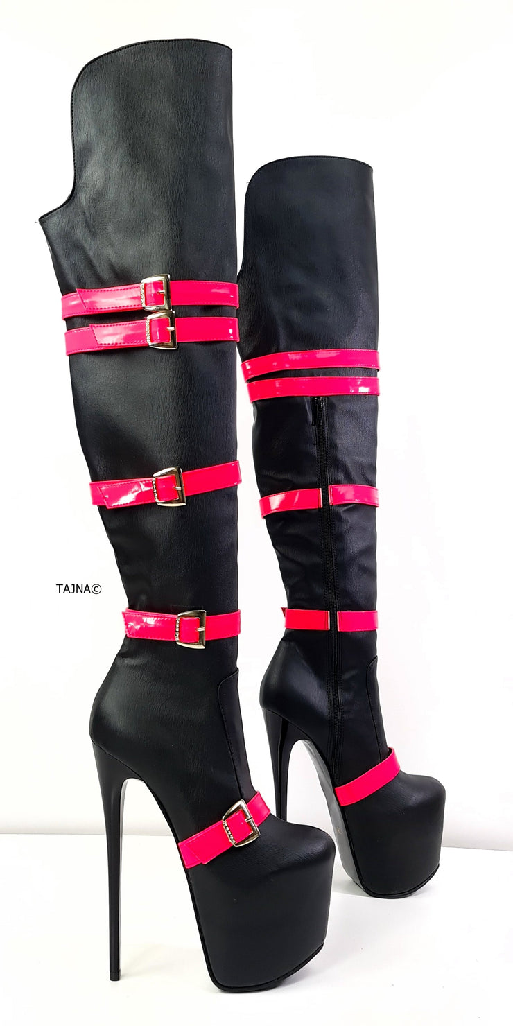 Black Neon Pink Belted High Heel Thigh Boots