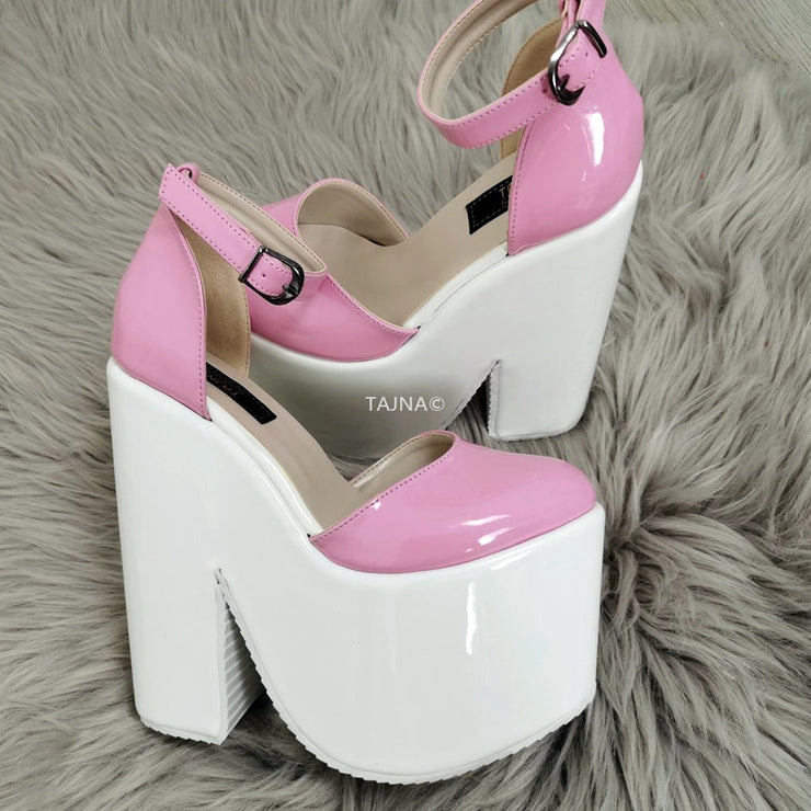 Pink White Patent High Heel Wedges - Tajna Club