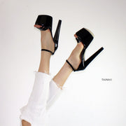 Black Patent Cross Strap Thick Heels - Tajna Club