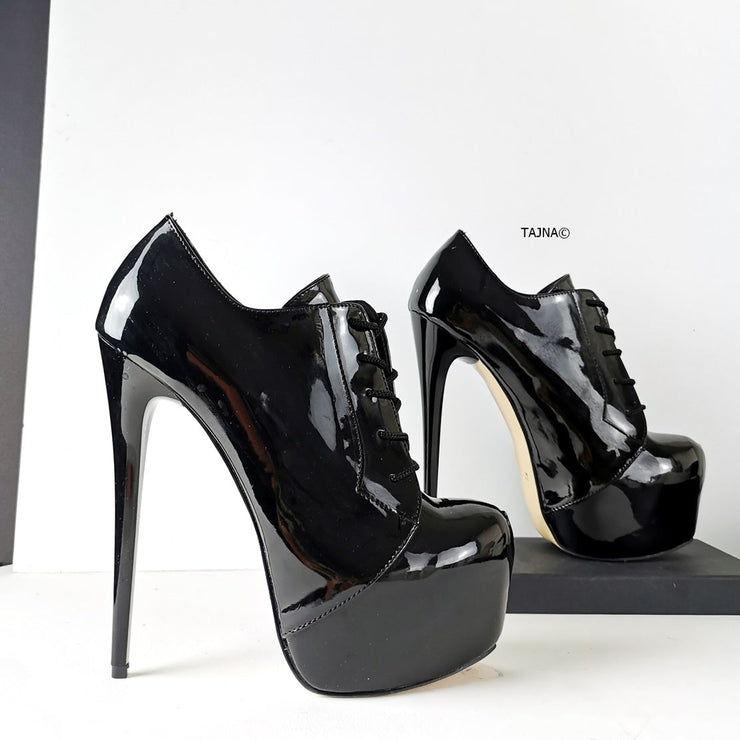 Black Patent Lace Up Ankle Booties - Tajna Club
