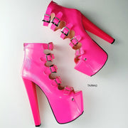 Neon Pink Patent Multi Belted High Heels - Tajna Club